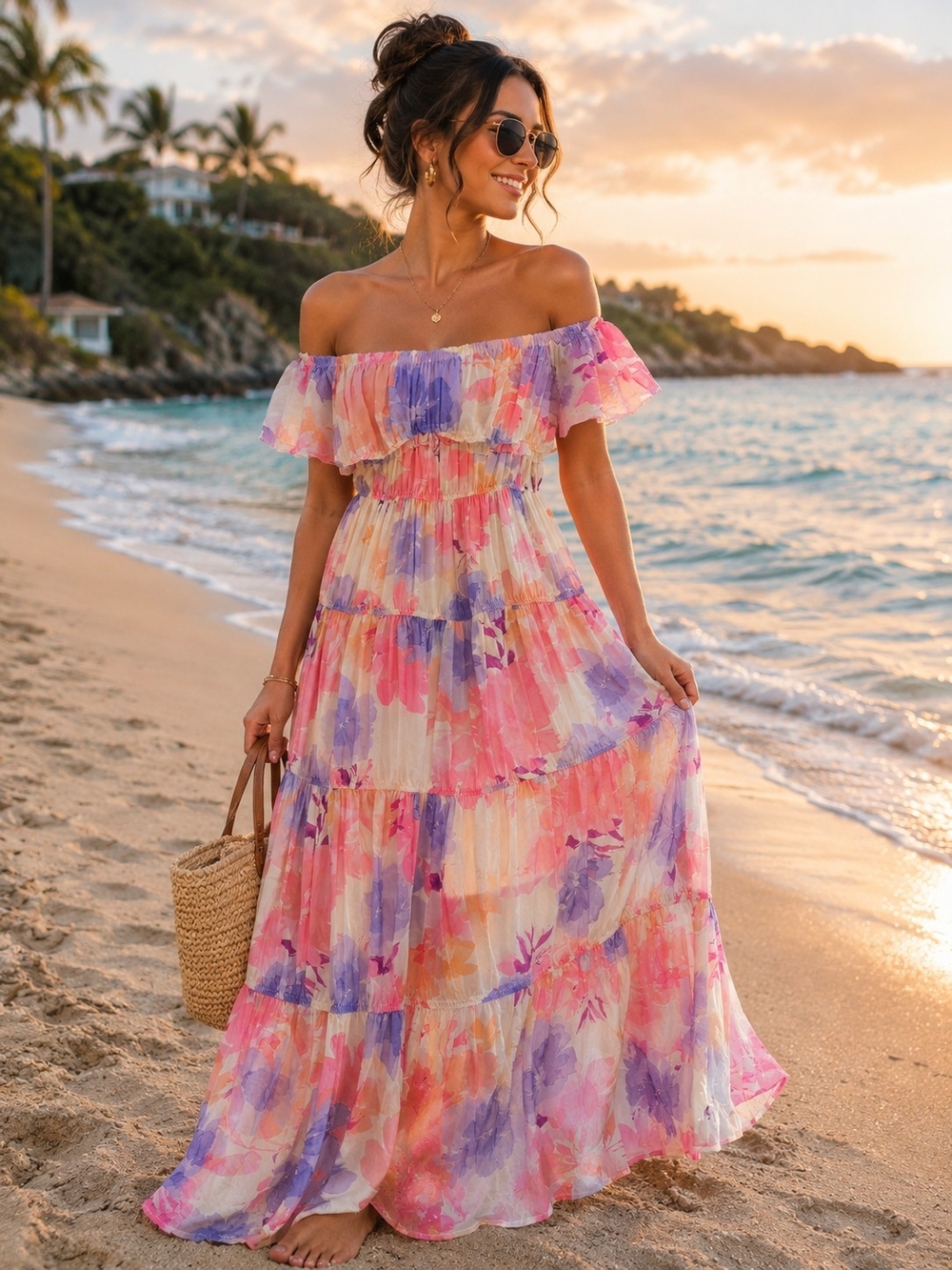 Australian Brand- Kivari Pink & Purple Floral Off-Shoulder Maxi Dress - Picture 2 of 5
